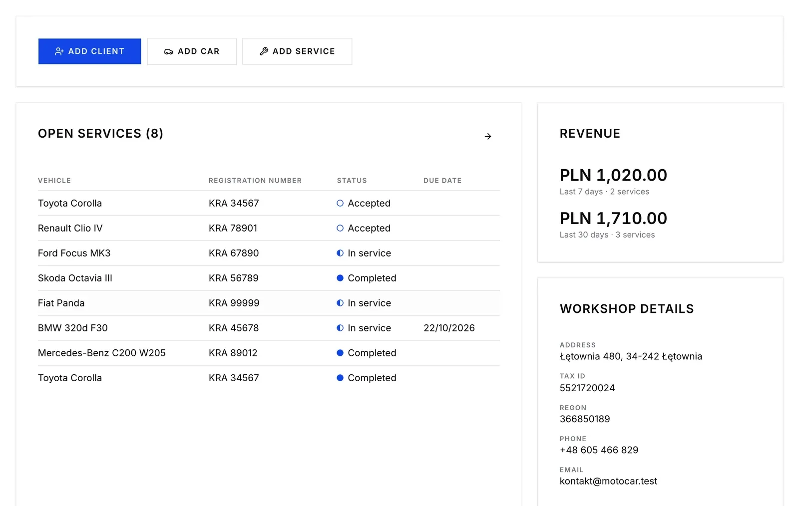 MotoX dashboard with open jobs and workshop income