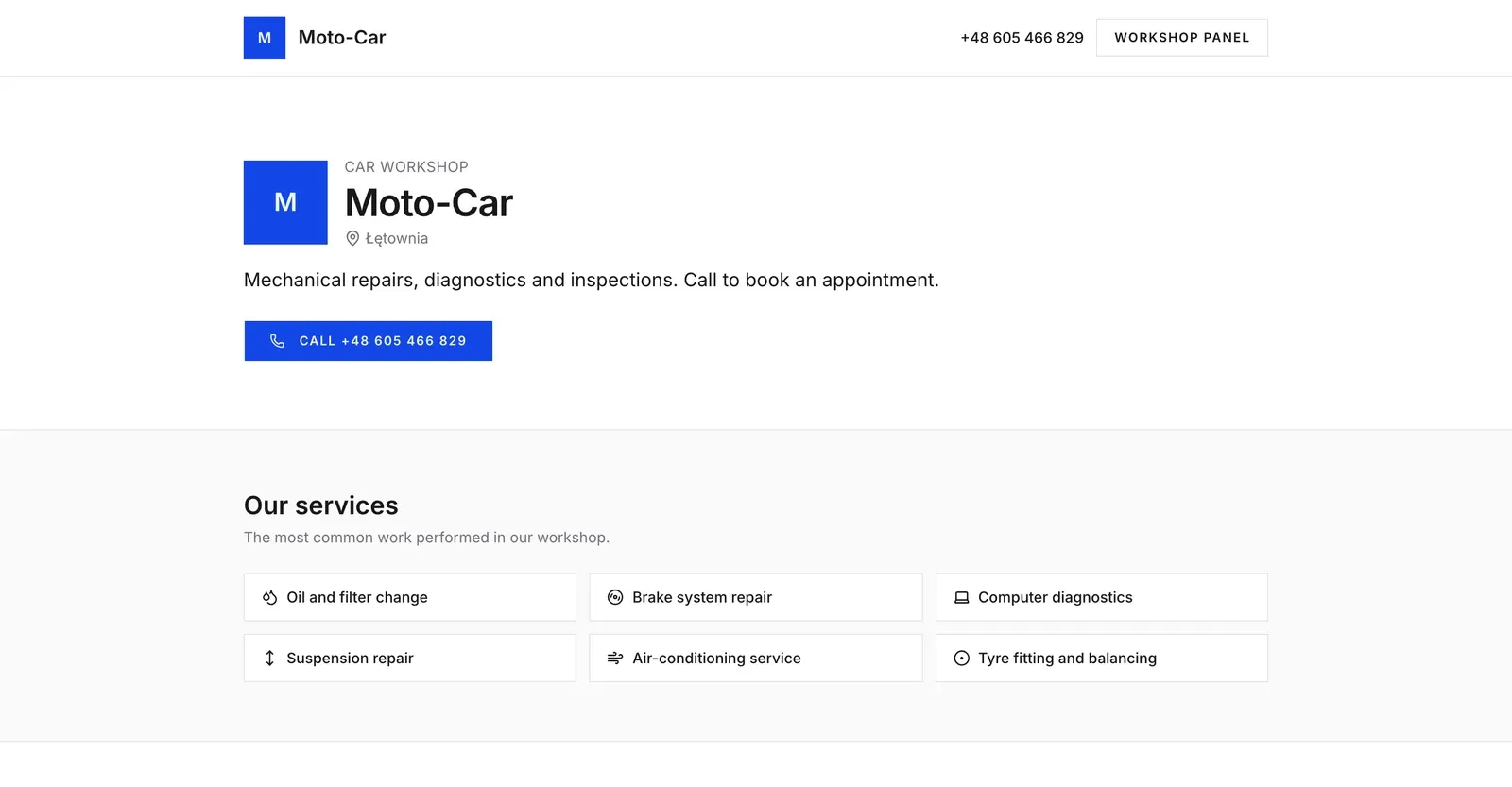 A MotoX public workshop page with services, map and reviews