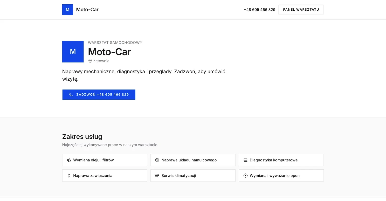 Publiczna strona warsztatu MotoX z usługami, mapą i opiniami