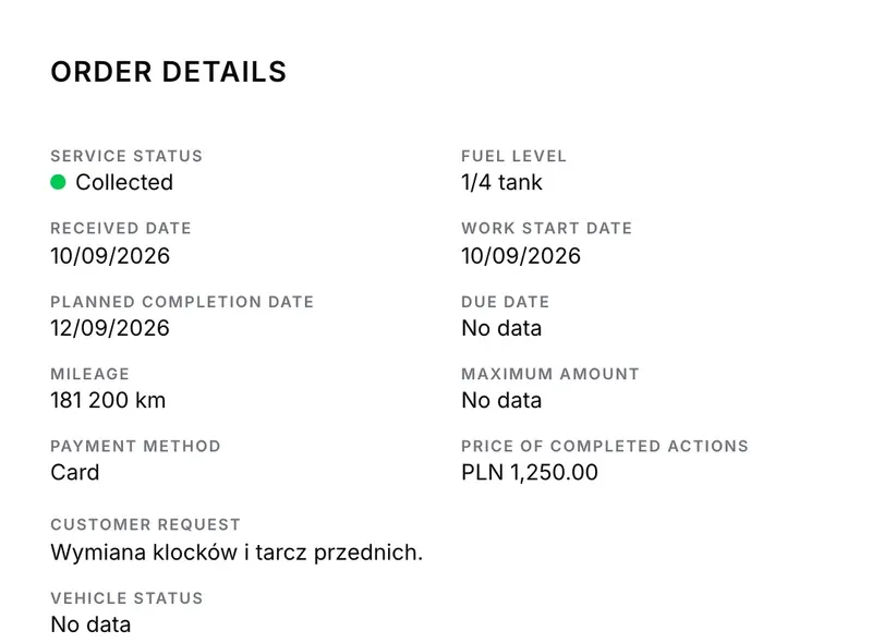 A MotoX service job with vehicle details, consents and costs