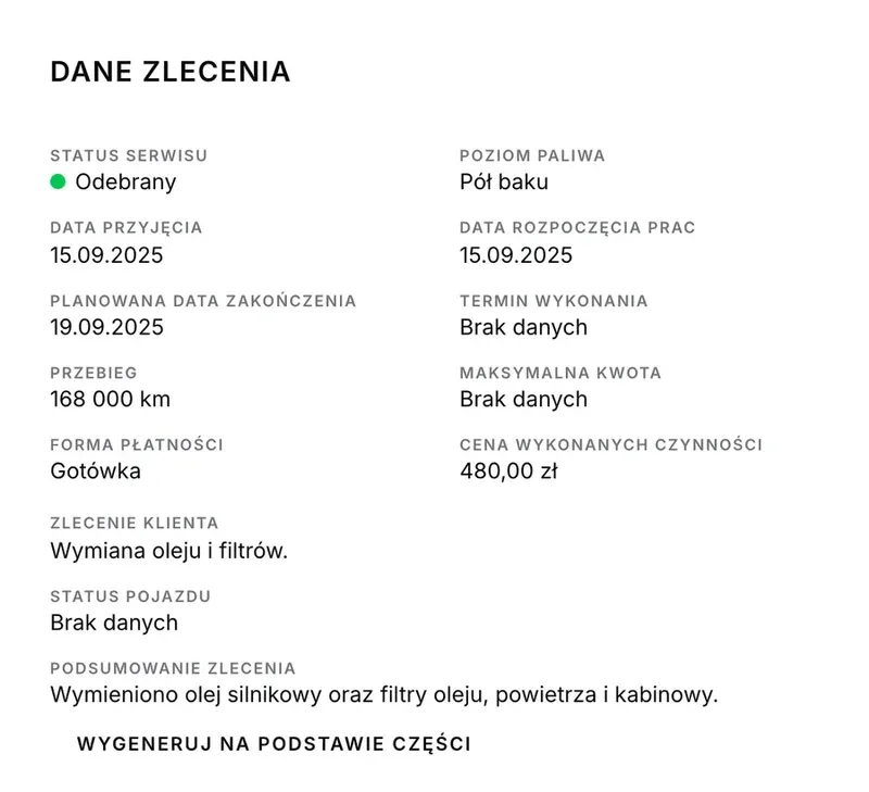 Zlecenie serwisowe w MotoX z danymi pojazdu, zgodami i kosztami